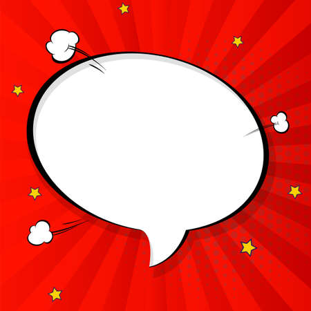 Pop art chat bubble in comics book style, blank layout template with halftone dots, comic speech bubble. Clouds beams and isolated dots pattern. Thoughts bubble in pop art comics style on red.のイラスト素材