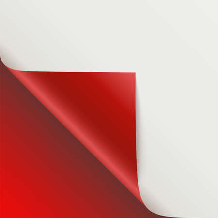 Page curl with shadow on blank sheet of paper. Vector curled corner of white paper with shadow. Close-up isolated on red background. Paper sticker, 3D illustrationのイラスト素材
