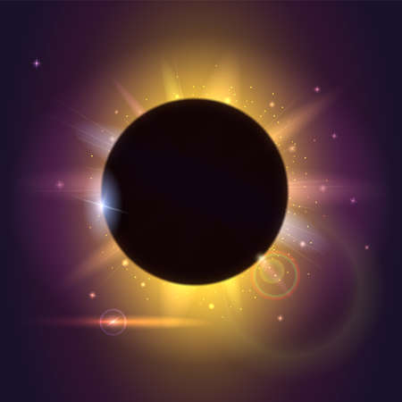 Solar eclipse, astronomical phenomenon - full sun eclipse, Blurred light rays and lens flare backdrop, Glow light effect, Star burst with sparkles.のイラスト素材