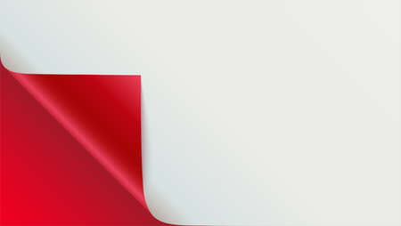 Page curl with shadow on blank sheet of paper. Vector curled corner of white paper with shadow. Close-up isolated on red background. Paper sticker, 3D illustrationのイラスト素材