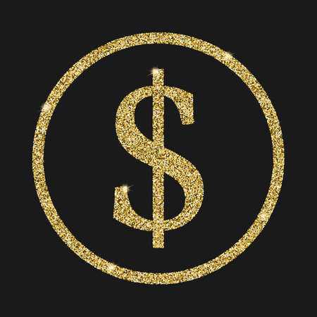 Dollar icon with glitter effect, isolated on black background. Outline icon of dollar, money symbols, vector pictogram. Symbol from golden particles dust.のイラスト素材