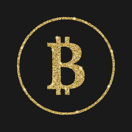 Bitcoin icon with glitter effect, isolated on black background. Outline icon of bitcoin, crypto-currency, vector pictogram. Symbol from golden particles dust.のイラスト素材