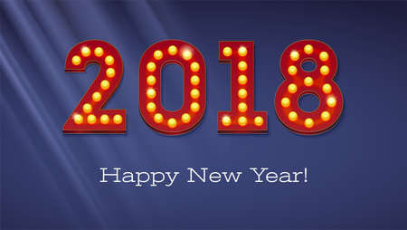 The text in the style of American casino with glowing lights on dark backdrop and rays of light, 3D illustration. Greeting card with the new coming 2018のイラスト素材