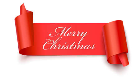 Christmas red banner with greeting text, 3D illustration. New year banner on white backdrop. Realistic red ribbon with wrapped corners.のイラスト素材