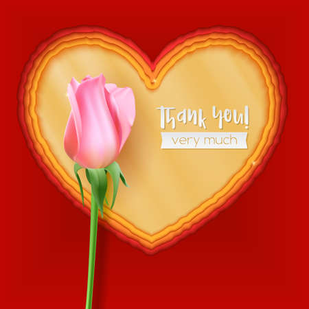 Paper cut heart shapes. 3D illustration, abstract background. Layered paper art. Thank you greeting, postcard for romance and love relations with bud of rose. Modern origami design templateのイラスト素材