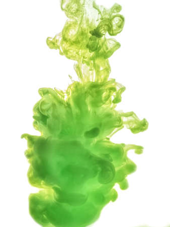 Green ink swirl in water isolated on white background. The paint in the water. Abstract vertical photo with soft focus, blurred backdrop. Soft dissemination a droplets of green ink in water close-upの写真素材