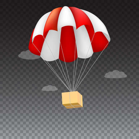 Icon of package flying on red parachute on a background of clouds. Air shipping, delivery service template, 3D illustration. Isolated on transparent backdropのイラスト素材