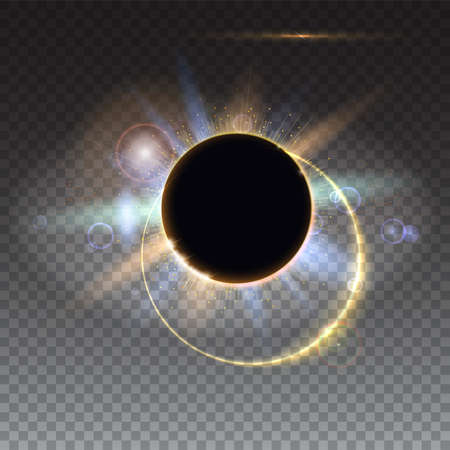 Solar eclipse, abstract light-rays of light. Blurred light rays and lens flare backdrop. Star burst with sparkles. The planet covering the Sun in eclipse. Isolated on transparent.のイラスト素材