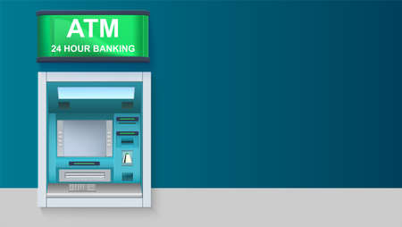 ATM - Automated teller machine with green lightbox, 24 hour banking. Template with ATM terminal for advertisement on horizontal long backdrop, 3D illustration.のイラスト素材