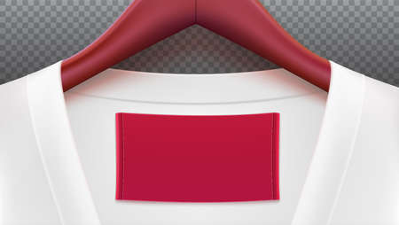 Wooden clothes hangers with white blouse, empty tag on the collar. Horizontal template on transparent background for advertising of sales or new arrivals. Place for your text on white tag.のイラスト素材