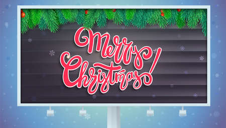 Billboard with Merry Christmas greetings. Lettering design, Christmas tree branches on wooden background. 3D illustration on backdrop with snowflakes, template for your cards, print design.のイラスト素材