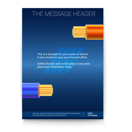 Electric cables in the colored braid on dark background. Poster design for presentation, cover art, banners or advertising. 3D illustration. Electrical stranded copper wires, print designのイラスト素材