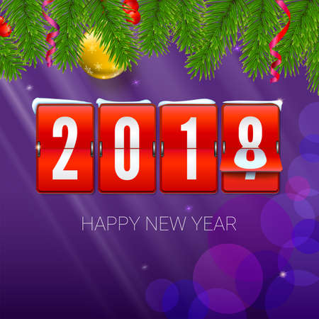 New Year is coming 2018. Background with Mechanical clock, serpentine and Christmas ball. Happy New Year 3D illustration with scoreboard, template for your greeting cards or print design.のイラスト素材