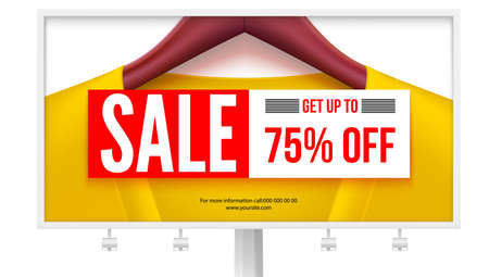 Billboard with offer of sale. Get up to 75 percent off discount. Yellow jacket on hangers with big sale banner, discount tag. Design for advertisements posters, print design. 3D illustration.のイラスト素材