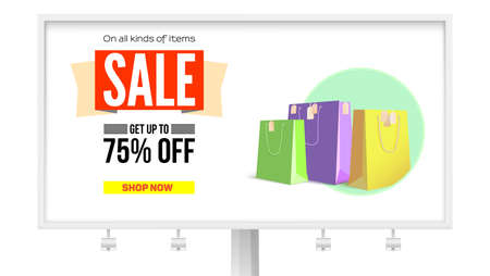 Billboard with advertising of sales. Get discount up to 75 percent, buy it now. Promotional poster with the text design and paper bags for shopping, isolated on white background. 3D illustration.のイラスト素材