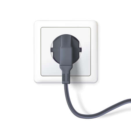 The black plug is plugged into the power lines. Plug inserted in a white wall socket. Icon of device for connecting electrical equipment. 3D illustration isolated on white background.のイラスト素材