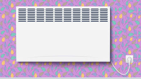 Domestic electric heater, home convector plugged the cord with plug to electricity. Electric panel of radiator appliance for space heating in the interior, on the wall with Wallpaperのイラスト素材