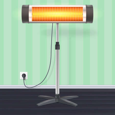 The quartz halogen heater with the glowing lamp on wallpaper background. Domestic electric heater on metal stand, in the interior of room. Appliance for space heating, 3D illustrationのイラスト素材