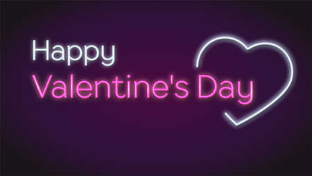 Happy Valentines s day, neon text on dark background. Concept of romantic greeting cards. Glowing and lit up neon heart shaped love sign with textのイラスト素材