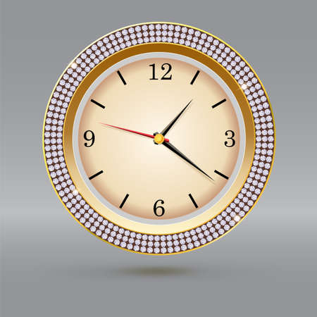 Golden watch with diamonds on gray background. Icon of luxury clock, jewelry decoration with white dial and arrows.のイラスト素材
