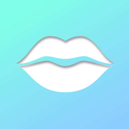 Contour of lips cut from paper on white background. Outline icon of mouth, vector pictogram. Symbol of kiss, paper art carving with blue gradient from material palette.のイラスト素材