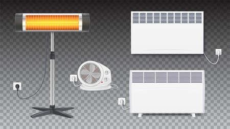 Set icons of heaters, household appliances on transparent background. Realistic convector, fan heater, UFO quartz heater with power cord and socket, isolated 3D illustration with shadows.のイラスト素材