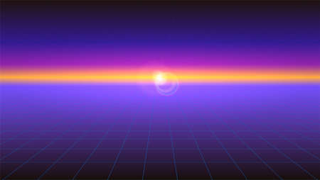 Futuristic abstract background with the sunlight rays on the horizon. Horizontal Sci-fi retro...