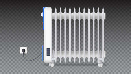 Oil radiator isolated on horizontal transparent background. White, electric oil filled heater on wheels. Domestic electric heater with plug and electric cord. 3D illustrationのイラスト素材