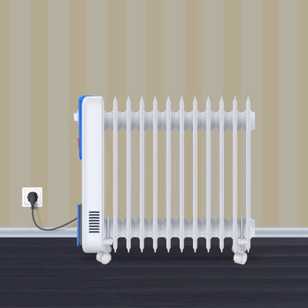 Oil radiator in room with wallpaper on backdrop. White, electric oil filled heater on wheels. Domestic electric heater with plug and electric cord. 3D illustrationのイラスト素材