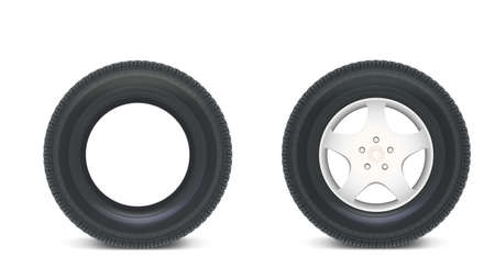 Icons of Car parts for garage, auto services. Set of automobile tires isolated on a white background, various parts. Car wheels with disks. 3D illustrationのイラスト素材