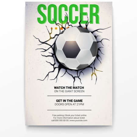 Poster with soccer ball on the background of a broken-down wall with cracked plaster. Football ball damaged the wall with texture, 3D illustration. Poster for sport events, tournament, championshipsのイラスト素材