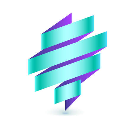 Abstract curved logo, colored stripes isolated on white backgroound. Bended sign from ribbon, expressive composition, 3D illustration.のイラスト素材