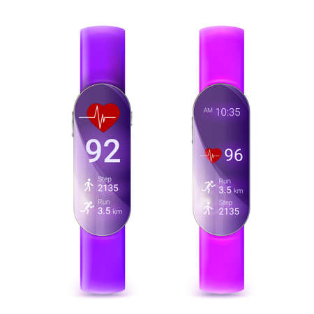 Set of activity tracker isolated on white background, 3D illustration. Modern mobile device. Running a fitness app with clock and distance tracking function. Concept of smart watch.のイラスト素材