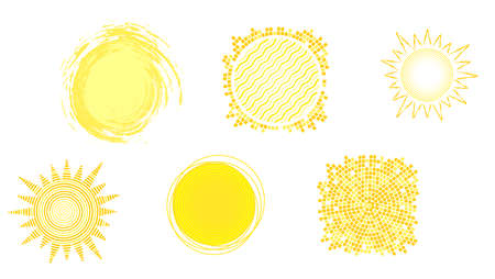 Set of yellow hot icons of sun isolated on white background. Symbols of sun in different shapes and...