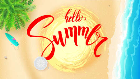 Summer beach seashore for touristic events, travel agency actions. Summer banner with handwritten text, brush pen lettering. Tropical landscape, ocean, gold sand, sun umbrella, palms, top view.のイラスト素材