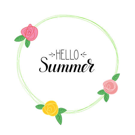 Hello Summer handwritten text and picture of flowers. Summer time logo template with calligraphic design. Summer Holidays lettering for prints, posters for Beach party, travel agency events.のイラスト素材