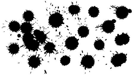 Set of watercolor black ink drops. Expanding of drops spreading on isolated white background. Grunge drops texture. Spray paint shape. Vector abstract splash and stains.のイラスト素材