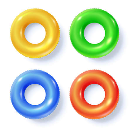 Set of swimming rings isolated on white, top view. Colored inflatable circles for swimming, flat...