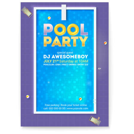 Party in swimming pool. Poster with advertising message and text design. Top view on pool with blue water, deck chairs, inflatable balls, circles and board for jumping into water. Vector templateのイラスト素材