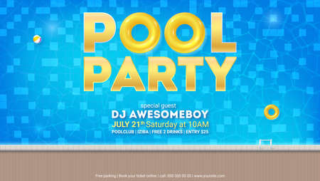 Summer party in pool. Invitation for event with design of text. Top view on swimming pool with floating inflatable ball and swimming rings. Vector template for leaflets, banners, magazinesのイラスト素材