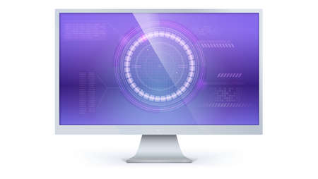 Computer monitor with of Sci-Fi dashboard. HUD, radar of cyberspace access platform, futuristic display with text sample of infographics. Virtual screen. Vector 3D illustration isolated on white.のイラスト素材