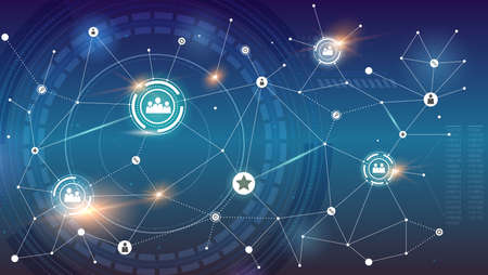Social network on background of circular HUD UI. Global concept of communication symbols for...