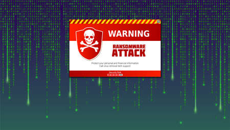 Alert message of virus detected. Ransomware attack, identifying computer virus inside binary code of...