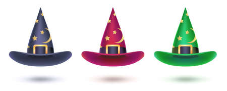 Set of witch hat with golden stars pattern. Design elements isolated on white for Halloween events, 3d illustration. Vector halloween symbol for covers, leaflets, bannersの写真素材