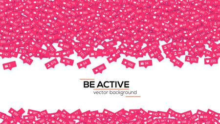 Icons of social media network activity. Notification of likes, comments, follow and followers. Abstract background with falling icons Sign of social network activity signs. Vector 3D illustration.のイラスト素材