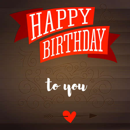 Happy birthday. Design of text, lettering, vintage poster with red banner. Birthday card on wooden backdrop with elements of hand-drawn doodle.のイラスト素材