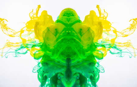 Colourful figure of acrylic ink, abstract pattern. Amazing yellow-green pattern isolated on white...