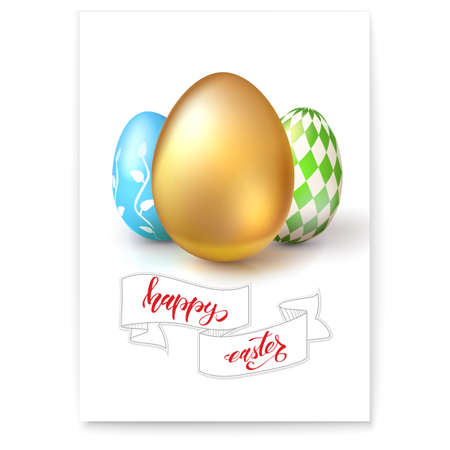 Poster with eggs for celebration of happy Easter isolated on white. Hand-drawn script text happy easter on vintage banner in sketchy style. Easter golden and painted eggs. Vector 3d illustration.のイラスト素材