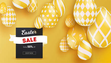 Sale for Easter holidays. Realistic 3d Easter eggs with ethnic pattern. Volumetric creative composition, yellow color. Discount proposal, fifty percent off. Template for promotion of market discountsのイラスト素材