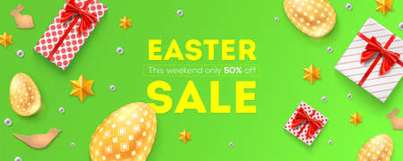 Easter sale, 50 percent off. Holiday offer, huge discounts. Pattern with festive gift boxes, golden Easter eggs, cookies and Easter decorative elements. Top view on promotional banner, flat layのイラスト素材